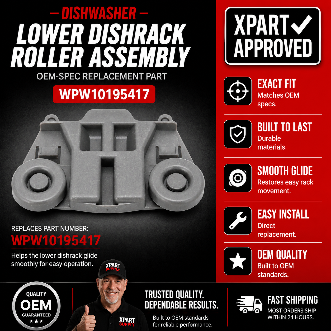 Whirlpool Dishwasher Lower Dishrack Roller WPW10195417 — Fix Rack Not Rolling or Falling Off Track