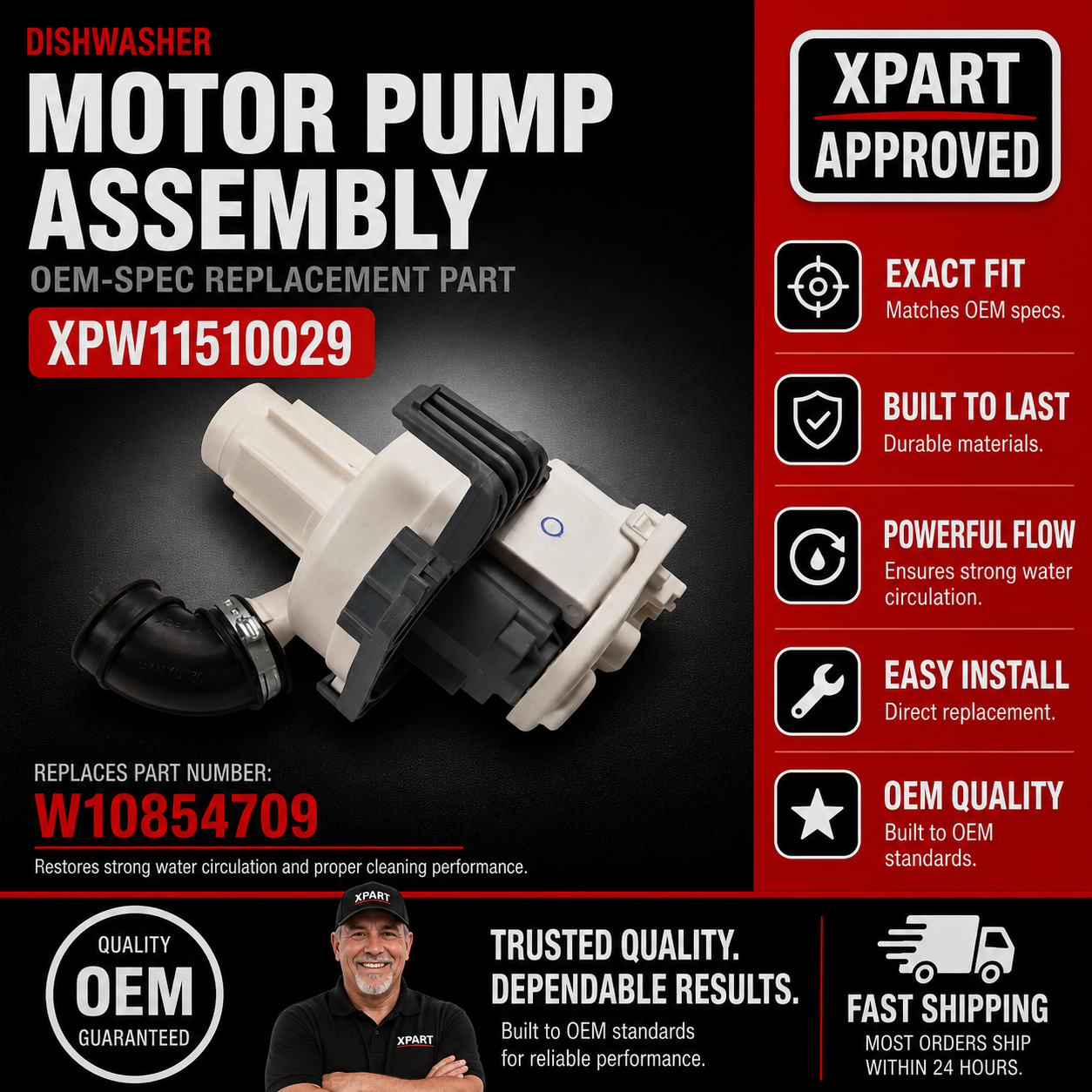 Whirlpool Dishwasher Circulation Pump Motor W11510029 — Replaces W10854709