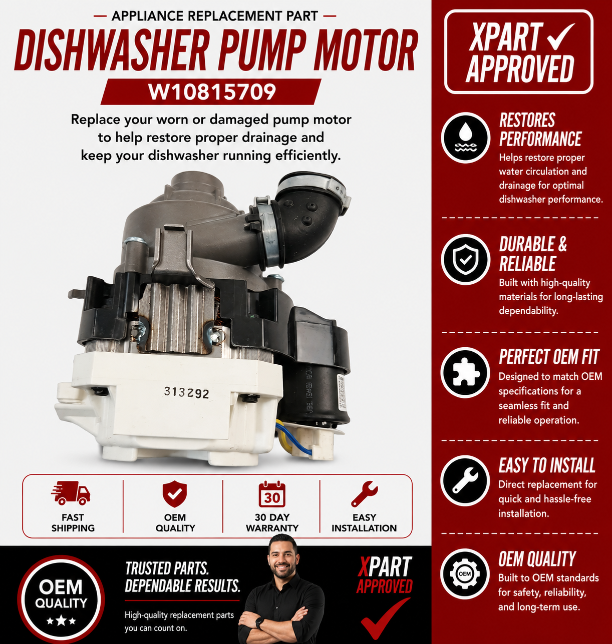 Whirlpool Dishwasher Pump Motor W10815709 — Fixes No Wash / No Spray Pressure