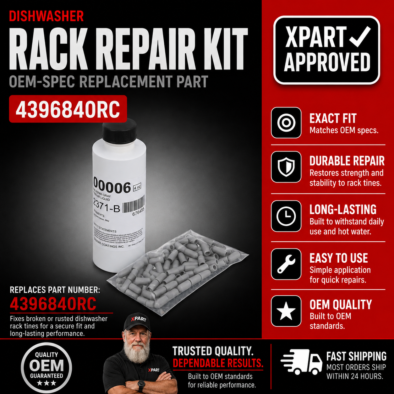 Whirlpool Rack Repair Kit 4396840RC — Fixes Rust, Chipped Vinyl & Damaged Tine Tips