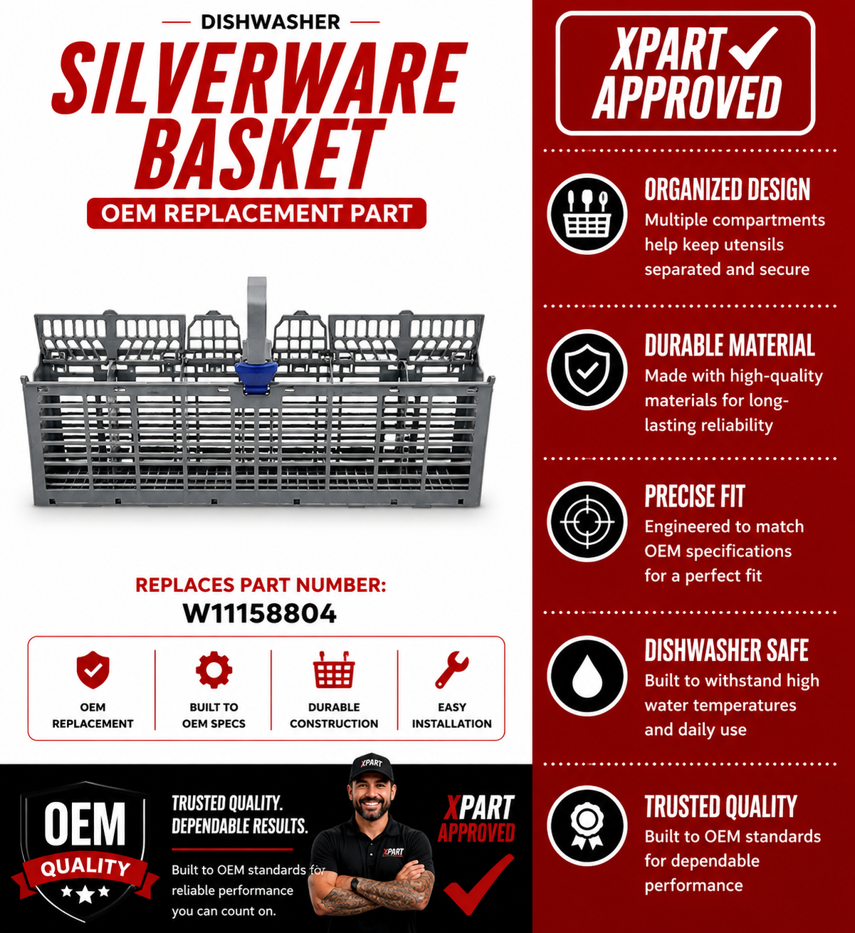Whirlpool Dishwasher Silverware Basket W11158804 — Fixes Broken, Cracked, or Missing Utensil Basket