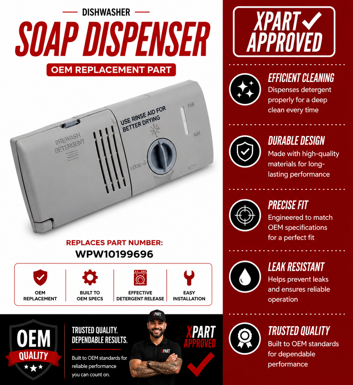 Whirlpool Dishwasher Soap Dispenser WPW10199696 — Fixes Detergent Not Releasing or Dispenser Not Opening