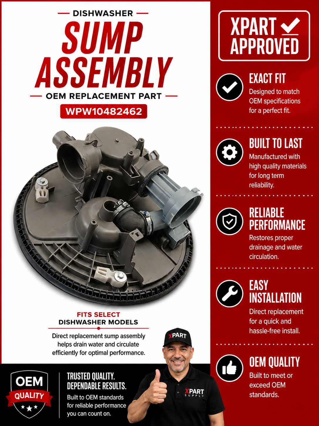 Whirlpool Dishwasher Sump Assembly WPW10482462 — Fix Poor Cleaning & No Water Circulation