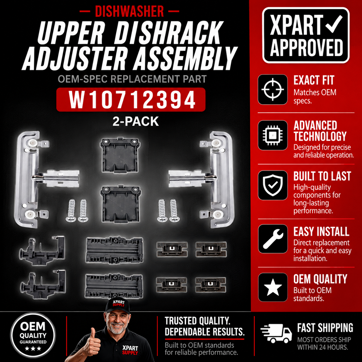 Whirlpool Dishwasher Upper Dishrack Adjuster Kit W10712394, Replaces W10238418, W10253546, WPW10350376, W10350376, W10238417