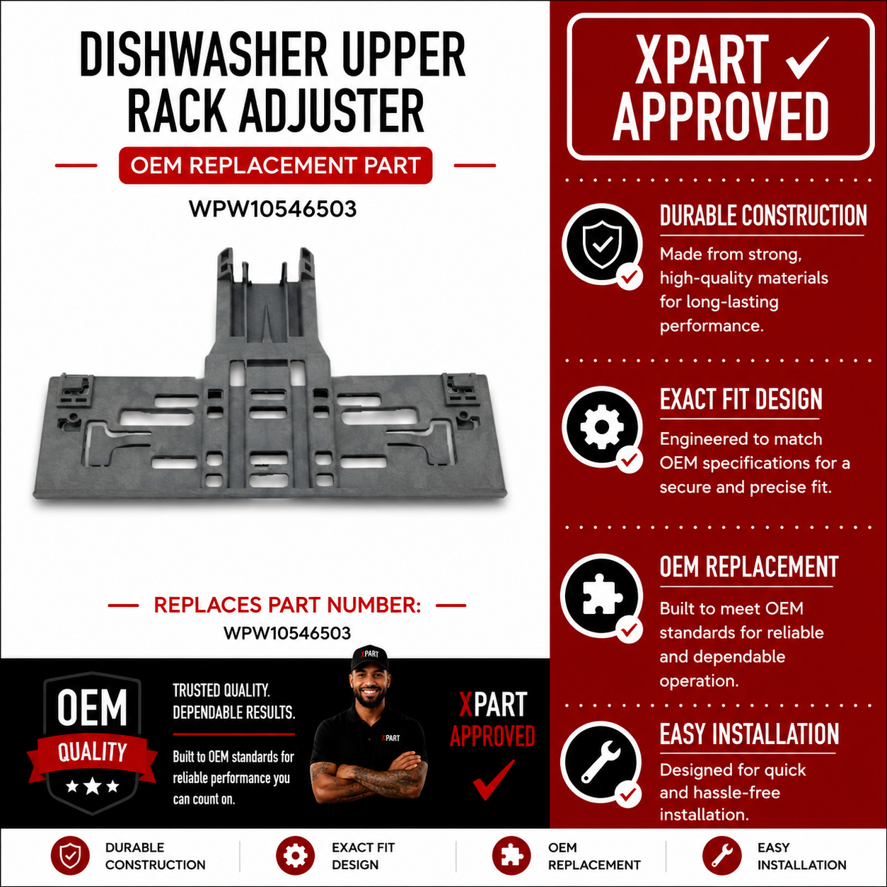 Whirlpool Dishwasher Upper Rack Adjuster WPW10546503 — Fix Wobbly or Stuck Upper Rack