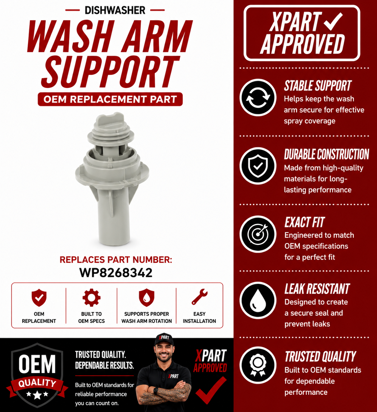 Whirlpool Dishwasher Wash Arm Support WP8268342 — Fixes Poor Wash Performance & Spray Arm Wobble
