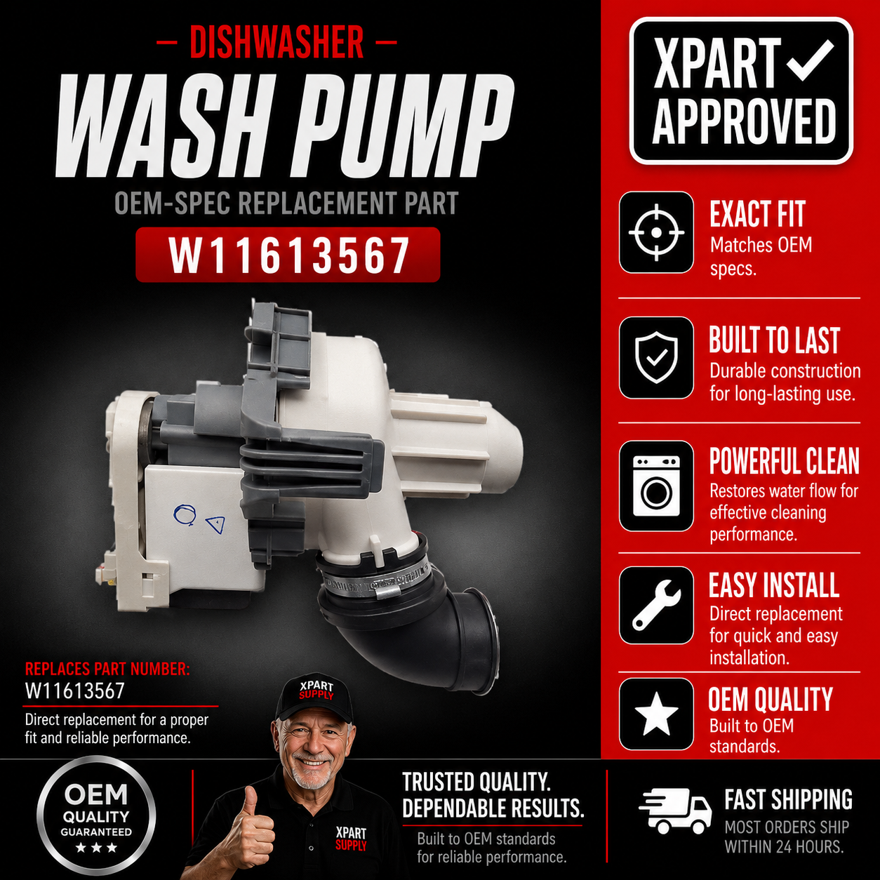 Whirlpool Dishwasher Wash Pump W11613567, Replaces W11521438