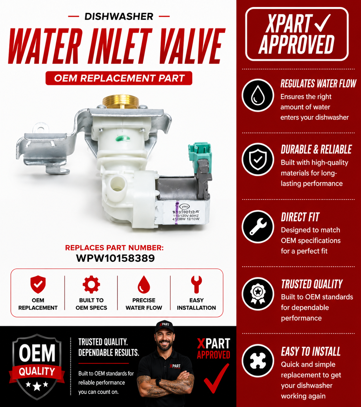 Whirlpool Dishwasher Water Inlet Valve WPW10158389 — Fix No Water Fill & Wash Cycle Failures