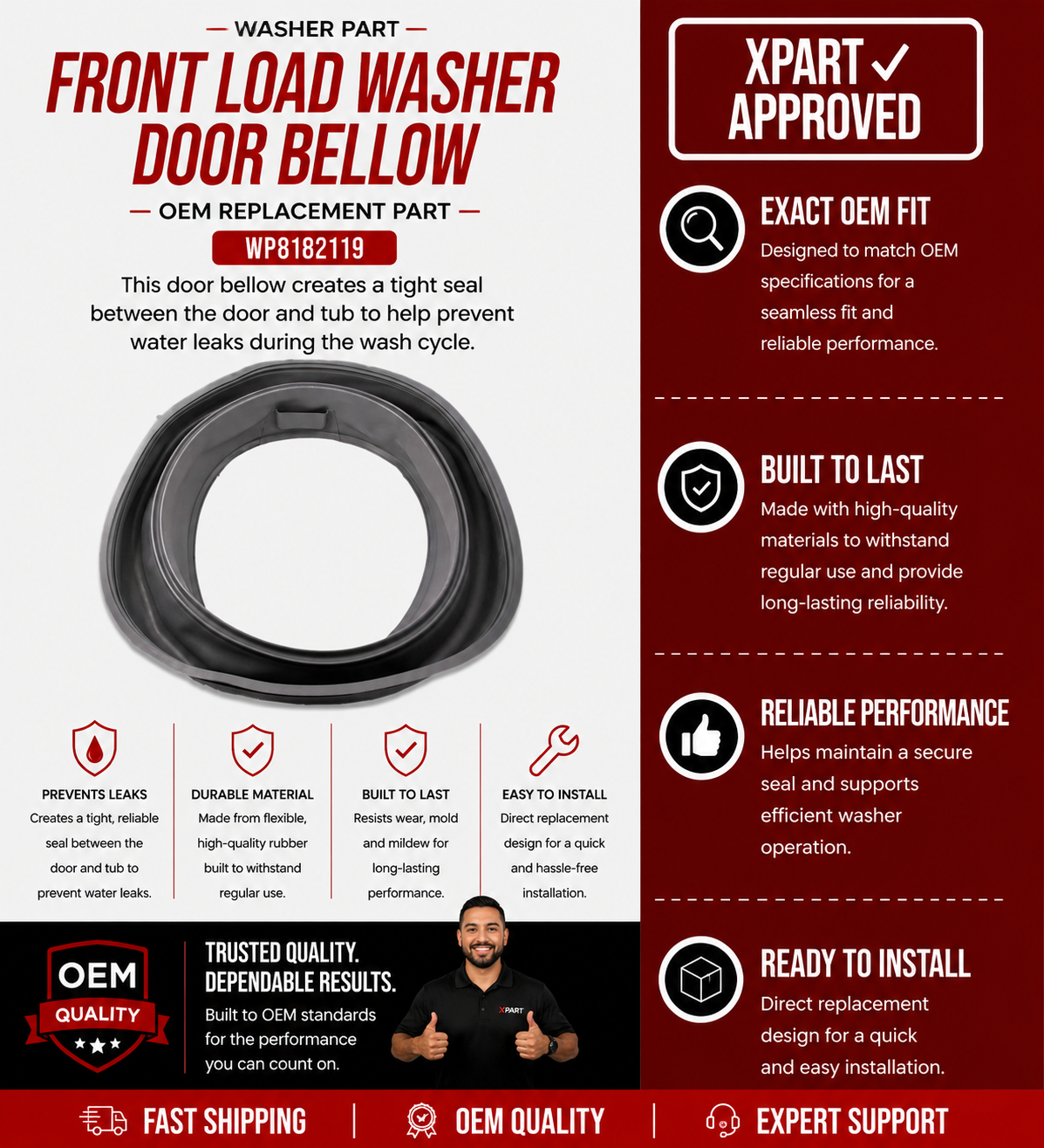 Whirlpool Door Bellow WP8182119 — Fixes Washer Leaking from Door