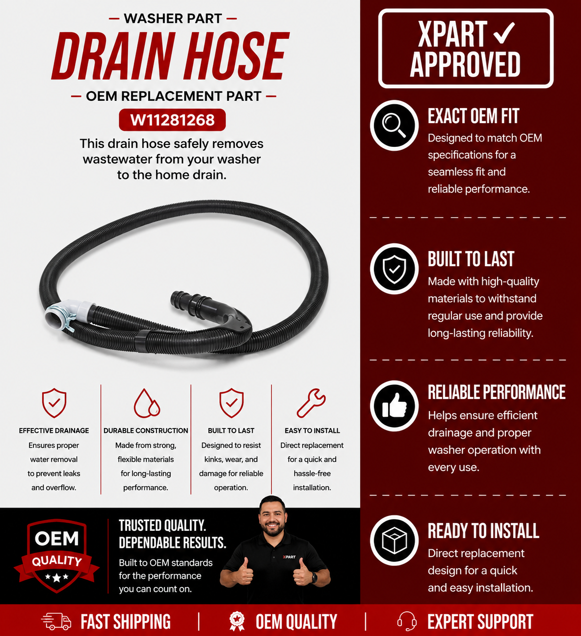 Whirlpool Drain Hose W11281268 — Fix Washer Leaks, Slow Drain & Drain Error Codes