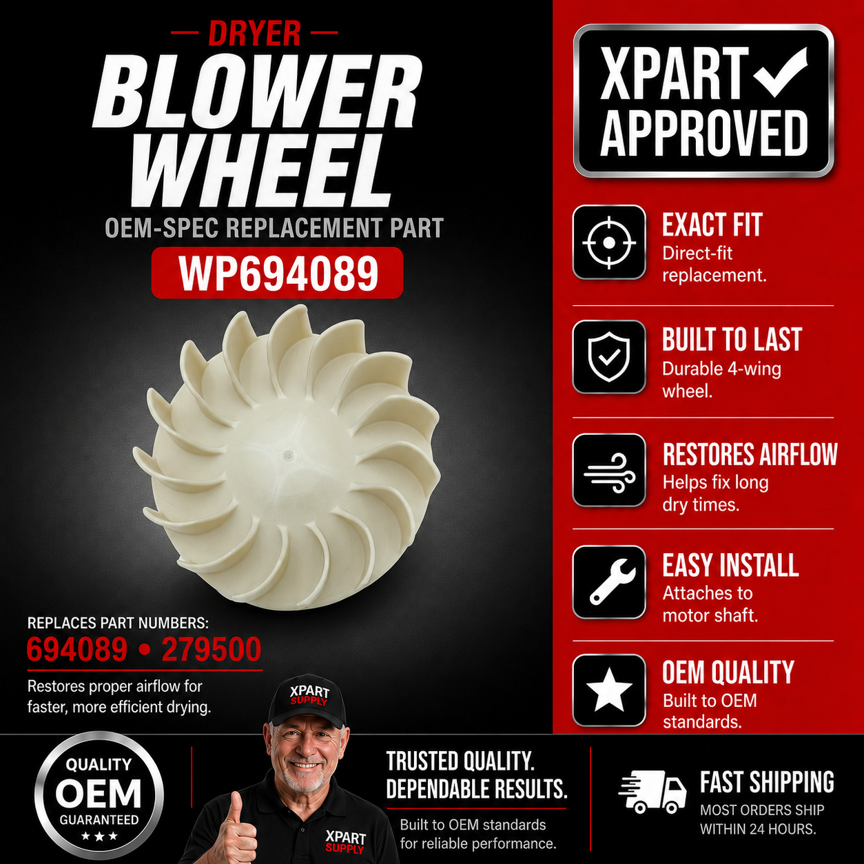 Whirlpool Dryer Blower Wheel WP694089 — Fix Long Dry Times & Restore Airflow