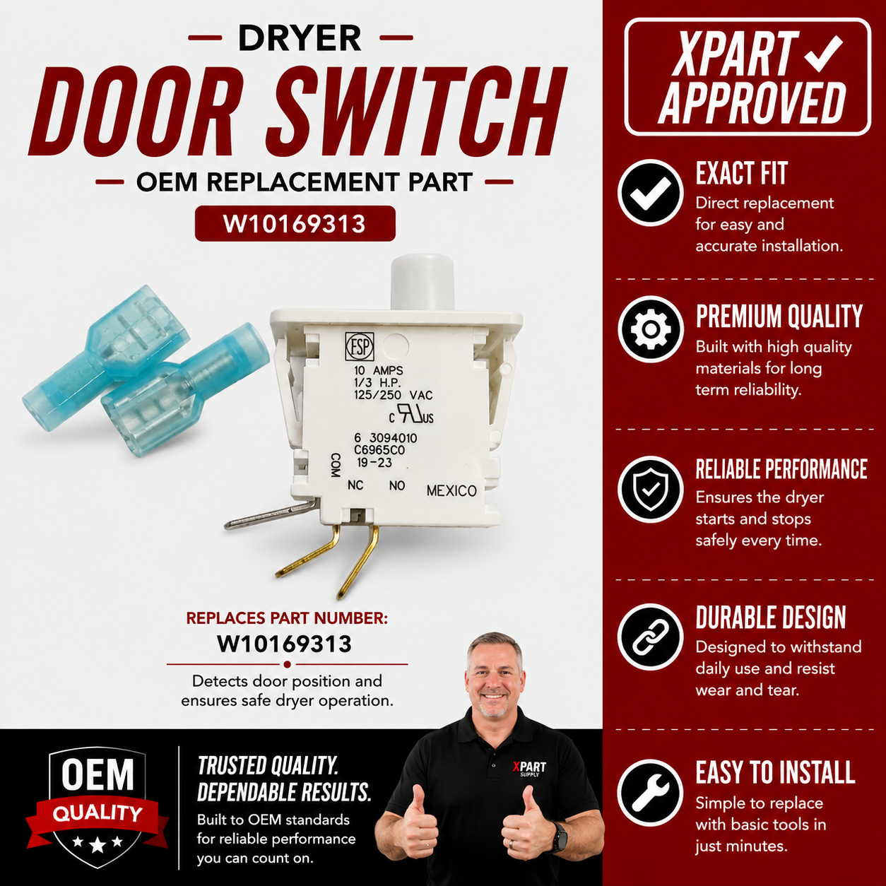 Whirlpool Dryer Door Switch W10169313 — Restore Safe Drum Operation