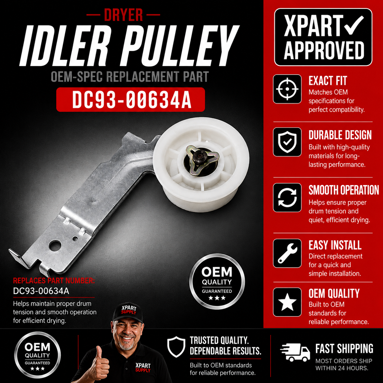 Samsung Dryer Idler Pulley Assembly DC93-00634A, Replaces DC61-01230B, DC96-00882B, DC96-00882C, DC97-07509B