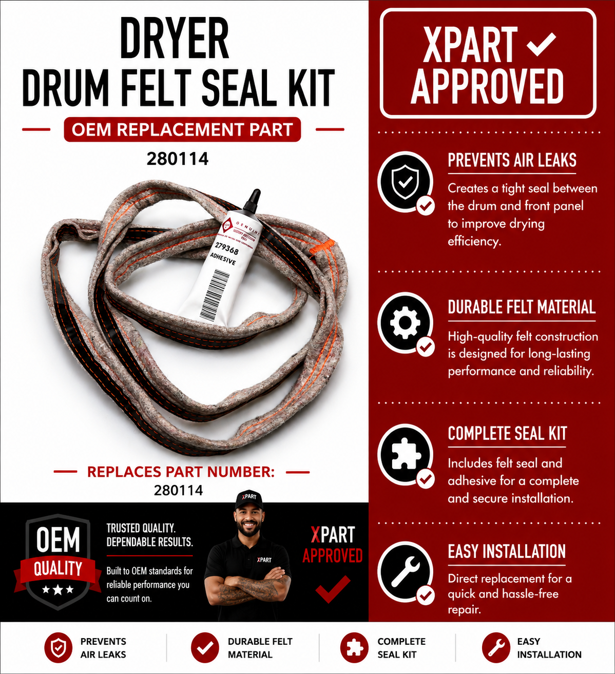 Whirlpool Dryer Drum Felt Seal Kit 280114 — Stop Lint Leaks & Drum Noise
