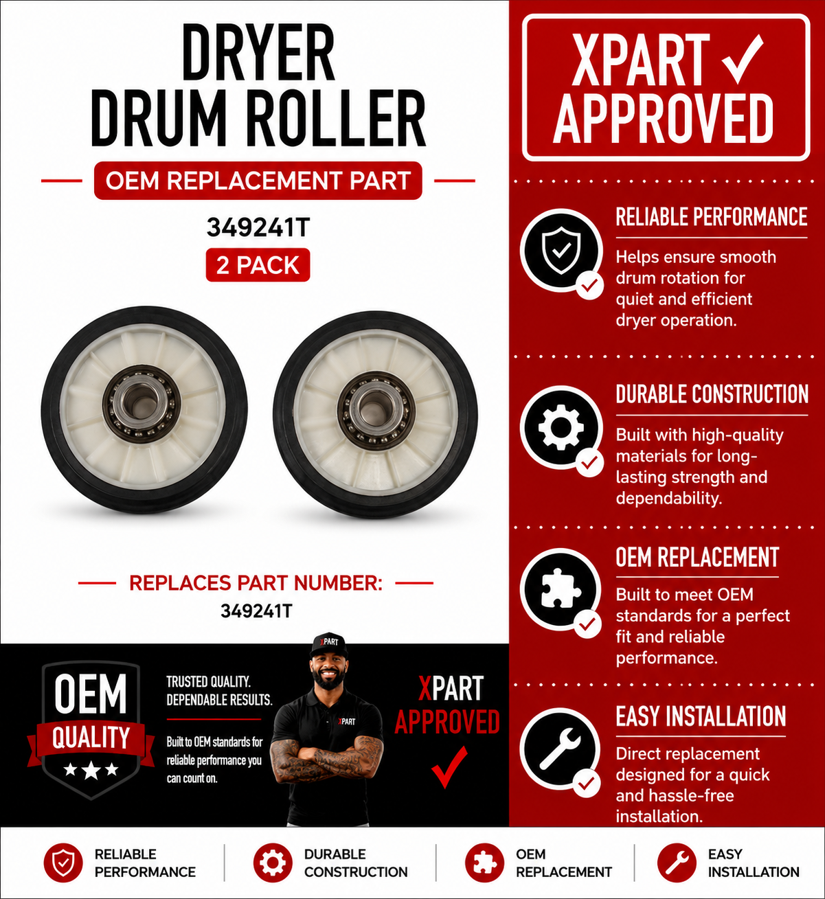 Whirlpool Dryer Drum Roller Kit 349241T — Fixes Thumping, Squealing & Drum Wobble