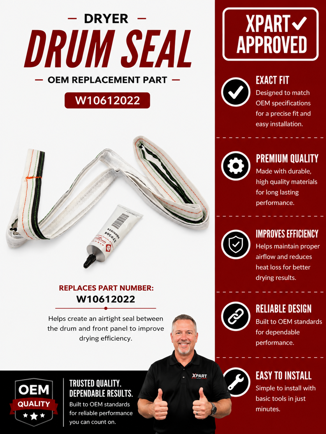 Whirlpool Dryer Drum Seal W10612022 – Stop Heat Loss & Uneven Drying | OEM & XPart Options