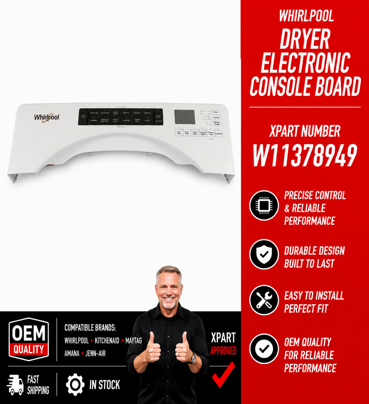 Whirlpool dryer electronic console board with product details on a white background