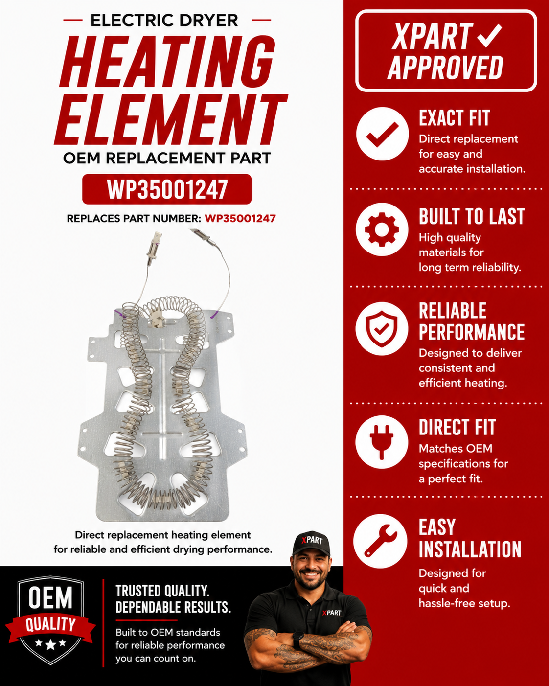 Whirlpool Dryer Heating Element WP35001247 — Fixes Electric Dryer Not Heating