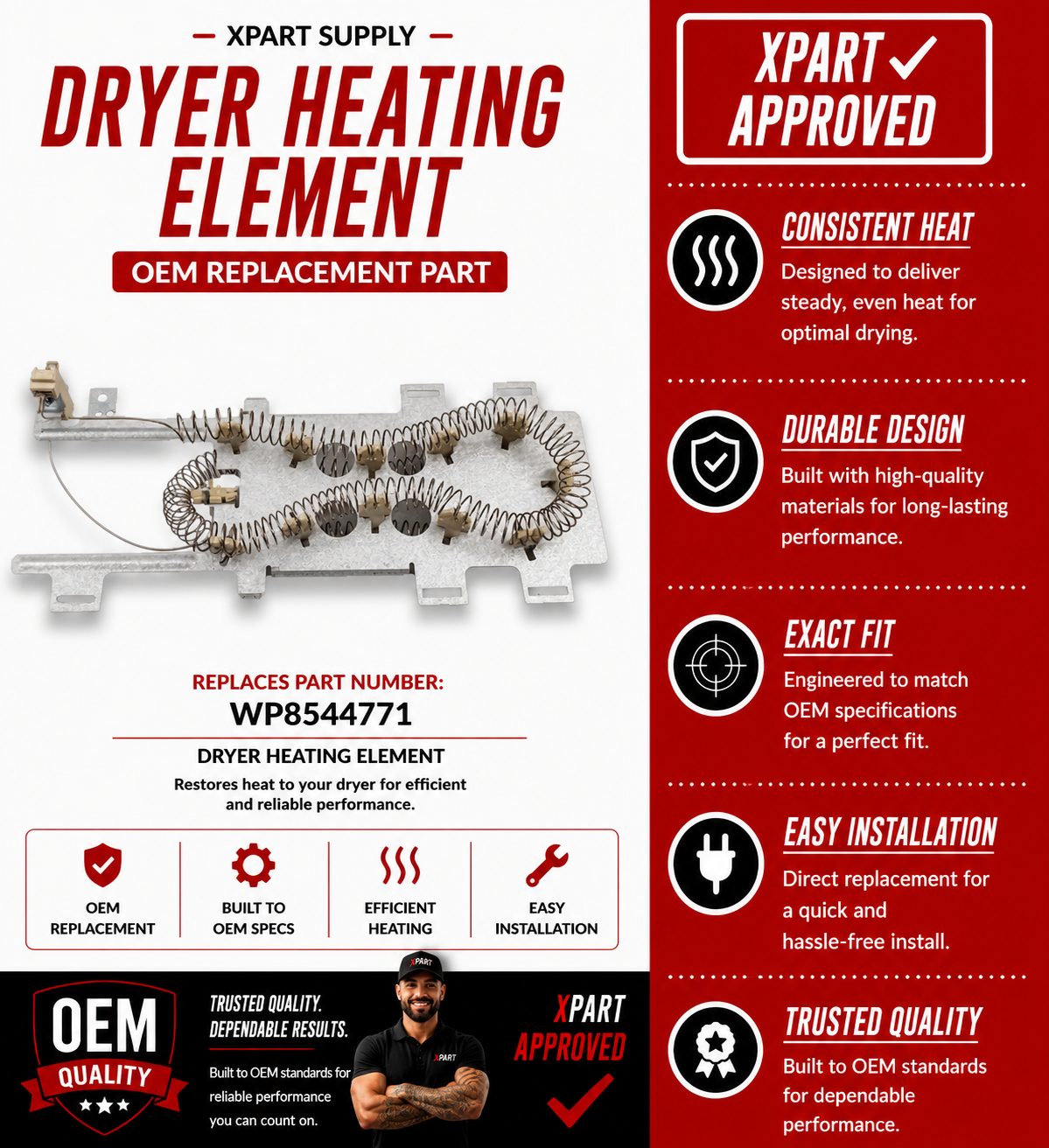 Whirlpool Dryer Heating Element WP8544771 – OEM & Premium XPart Options Available