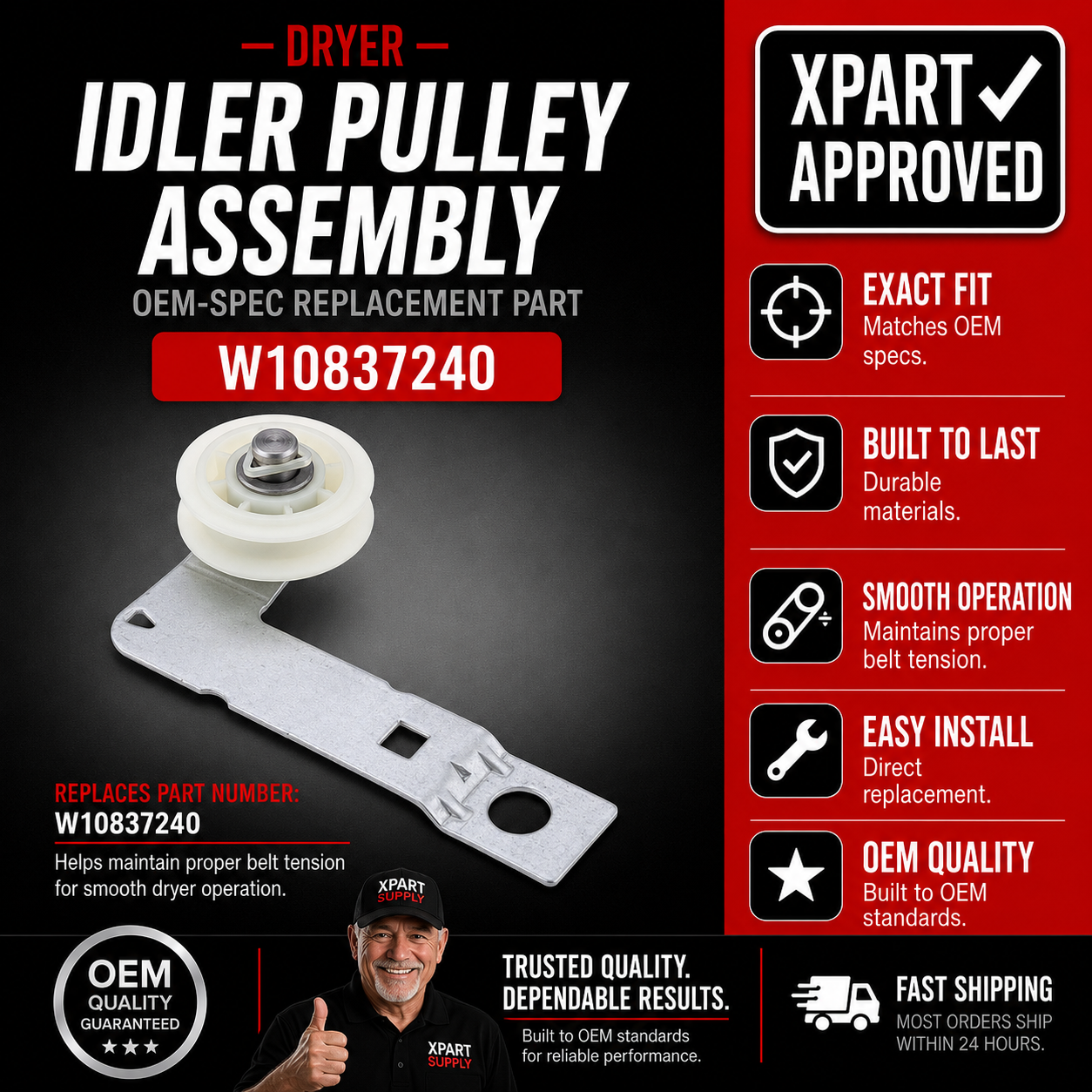 Whirlpool Dryer Idler Pulley Assembly W10837240 — Fixes Squealing / Restores Drum Belt Tension