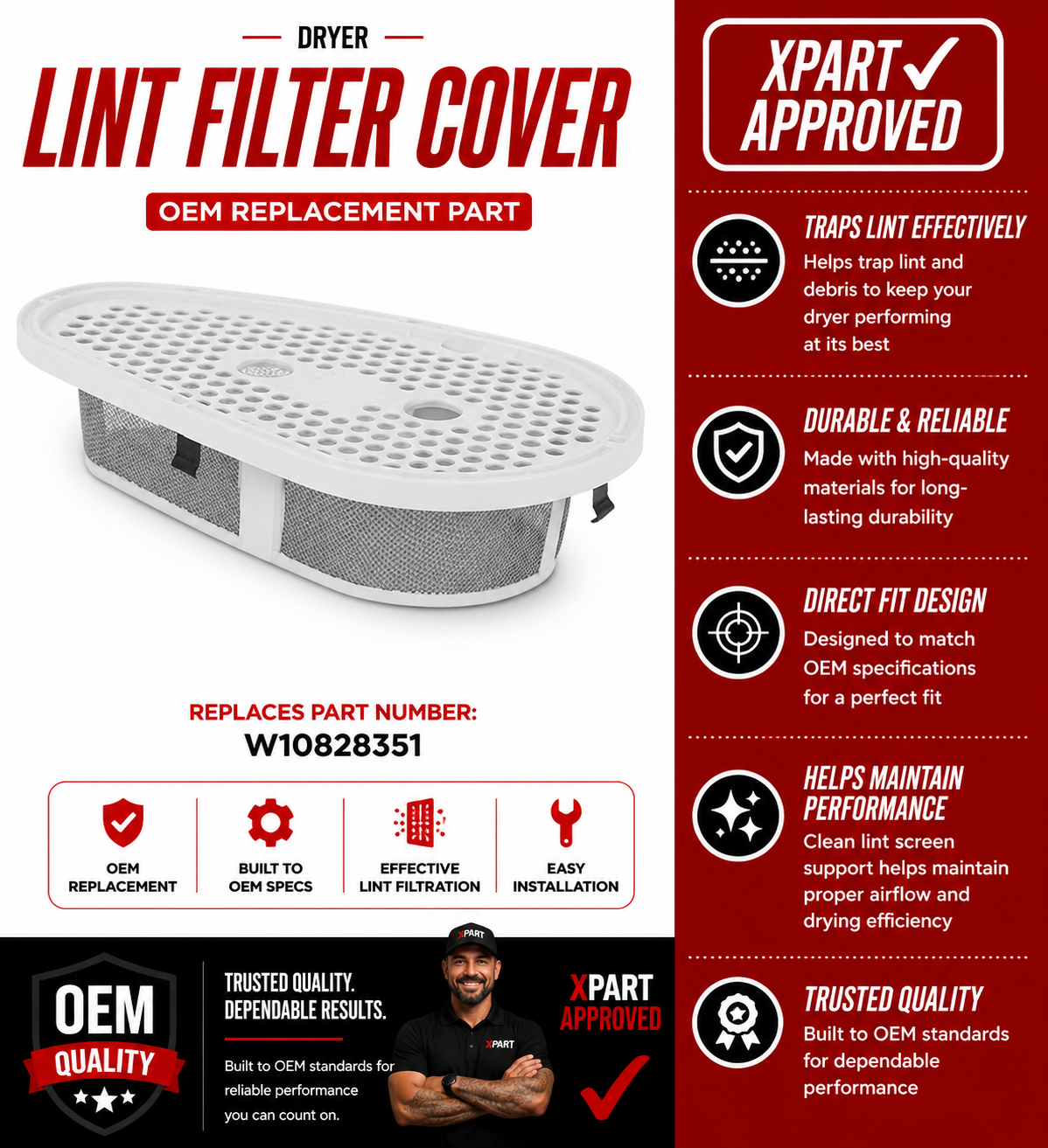Whirlpool Dryer Lint Filter & Cover W10828351 — Stops Lint Bypass & Restores Airflow
