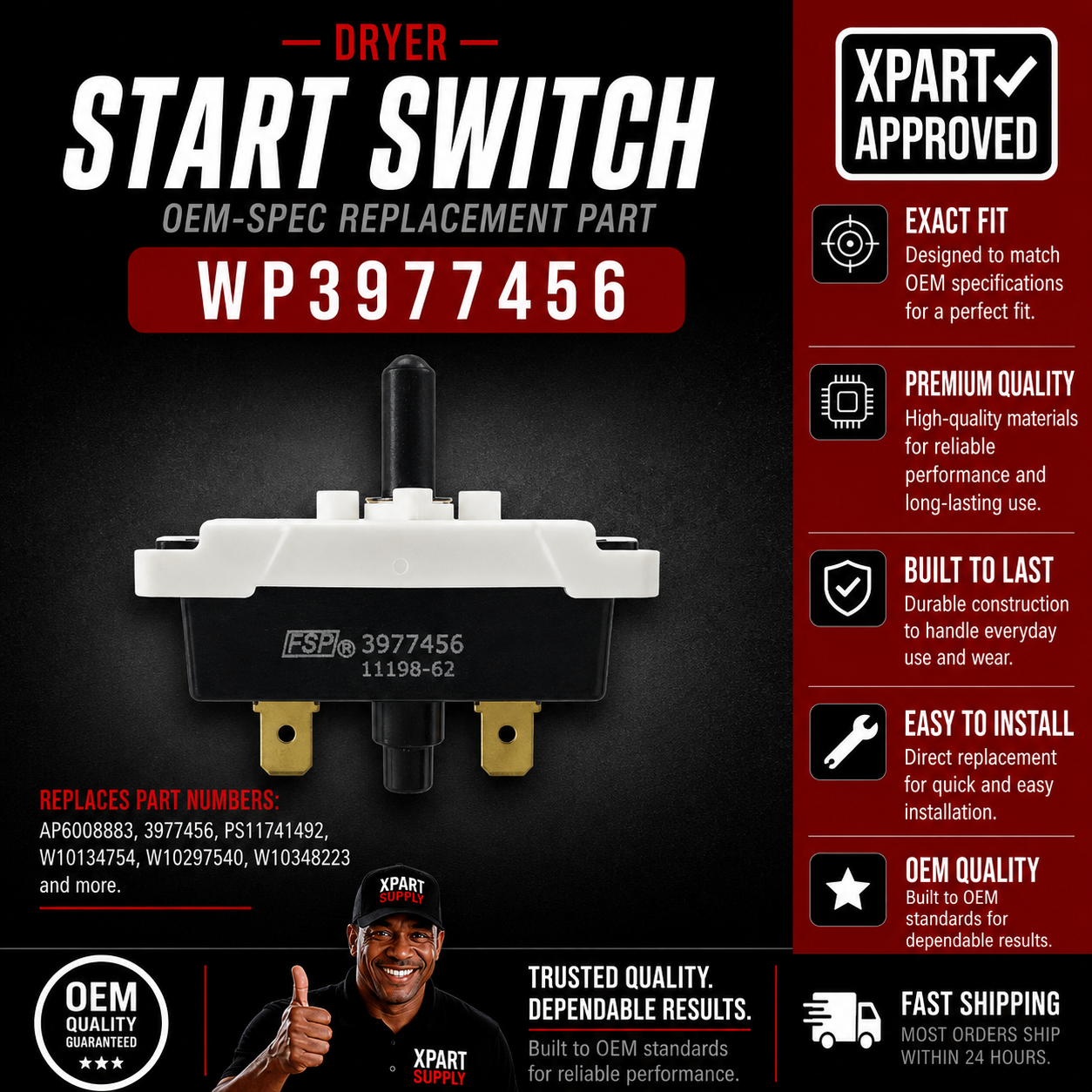 Whirlpool Dryer Push-to-Start Switch WP3977456, Replaces 3977456, 898073