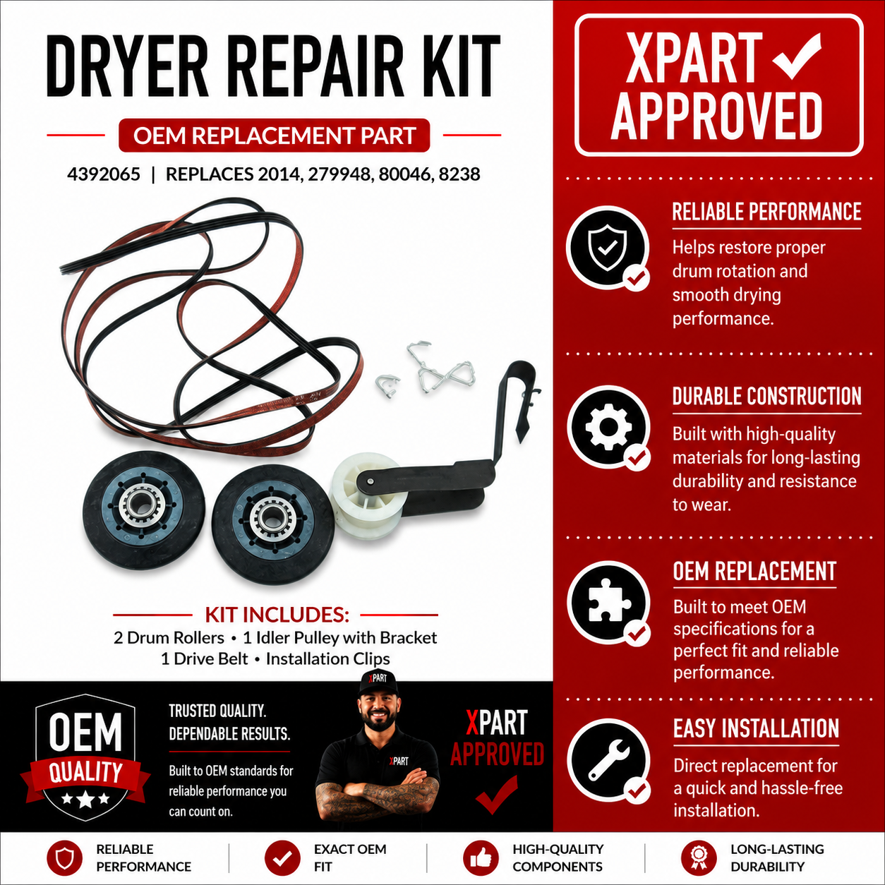 Whirlpool Dryer Repair Kit 4392065 – Belt, Rollers & Idler Pulley (Replaces 279948, 341241, 349241)