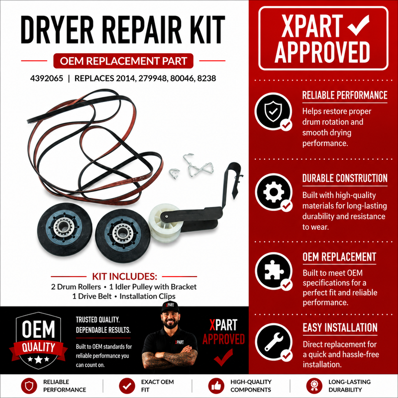Whirlpool Dryer Repair Kit 4392065 – Belt, Rollers & Idler Pulley (Replaces 279948, 341241, 349241)