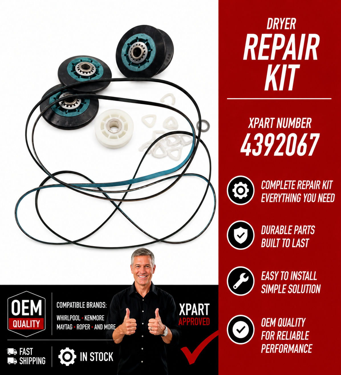 Whirlpool Dryer Repair Kit 4392067 – Belt 661570V, 4 Rollers, Idler Pulley (Replaces 587637, 80047)