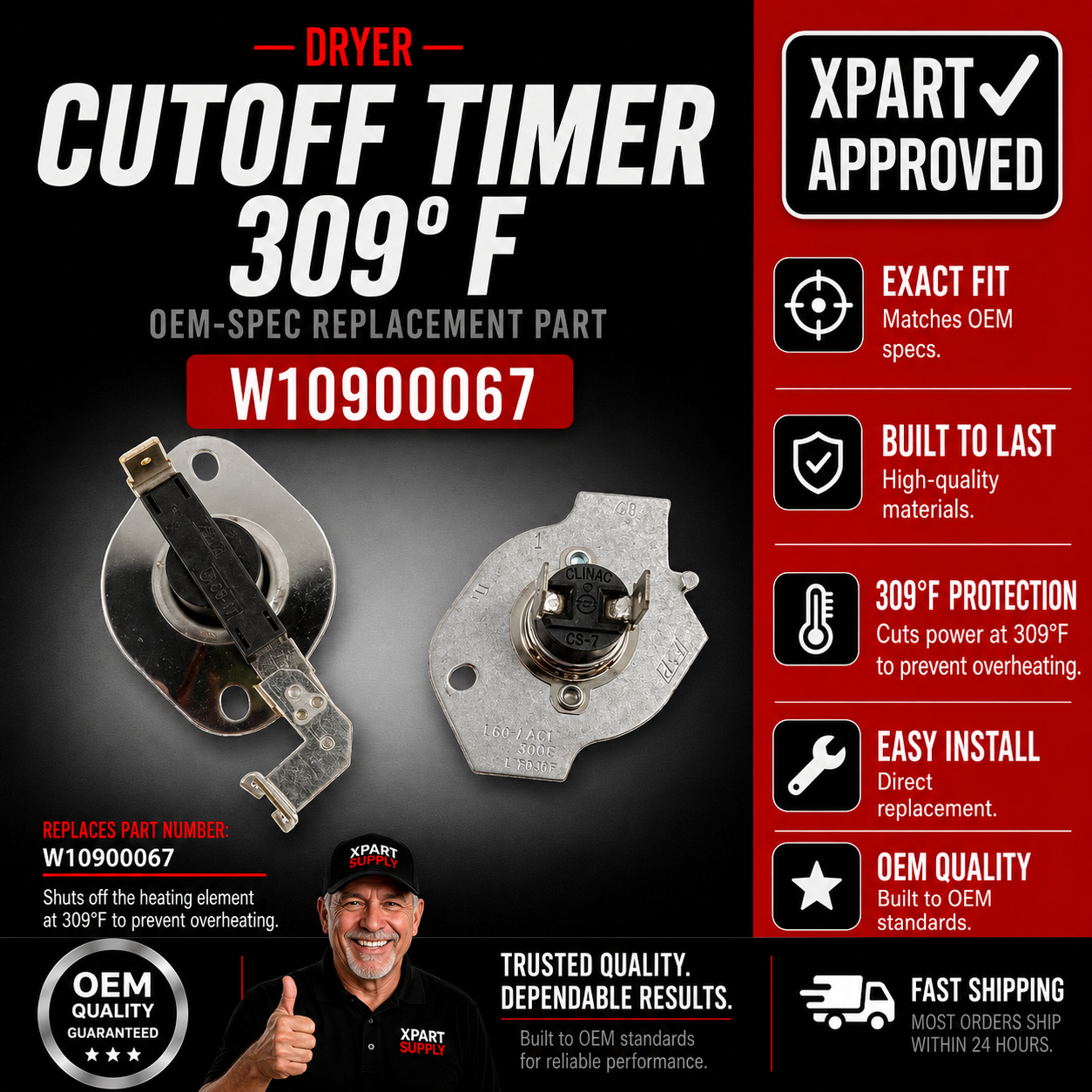 Whirlpool Dryer Thermal Cut-Off Kit W10900067, Fixes No Heat or Dryer Overheating