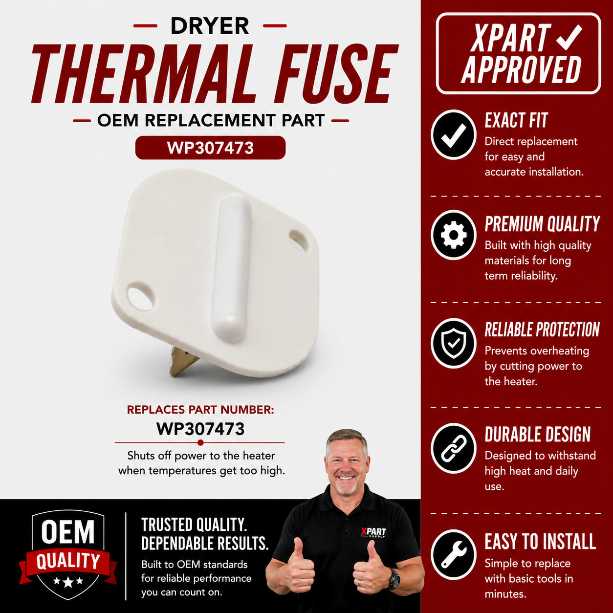 Whirlpool Dryer Thermal Fuse WP307473 — Restore Heat & Prevent Dryer Fires