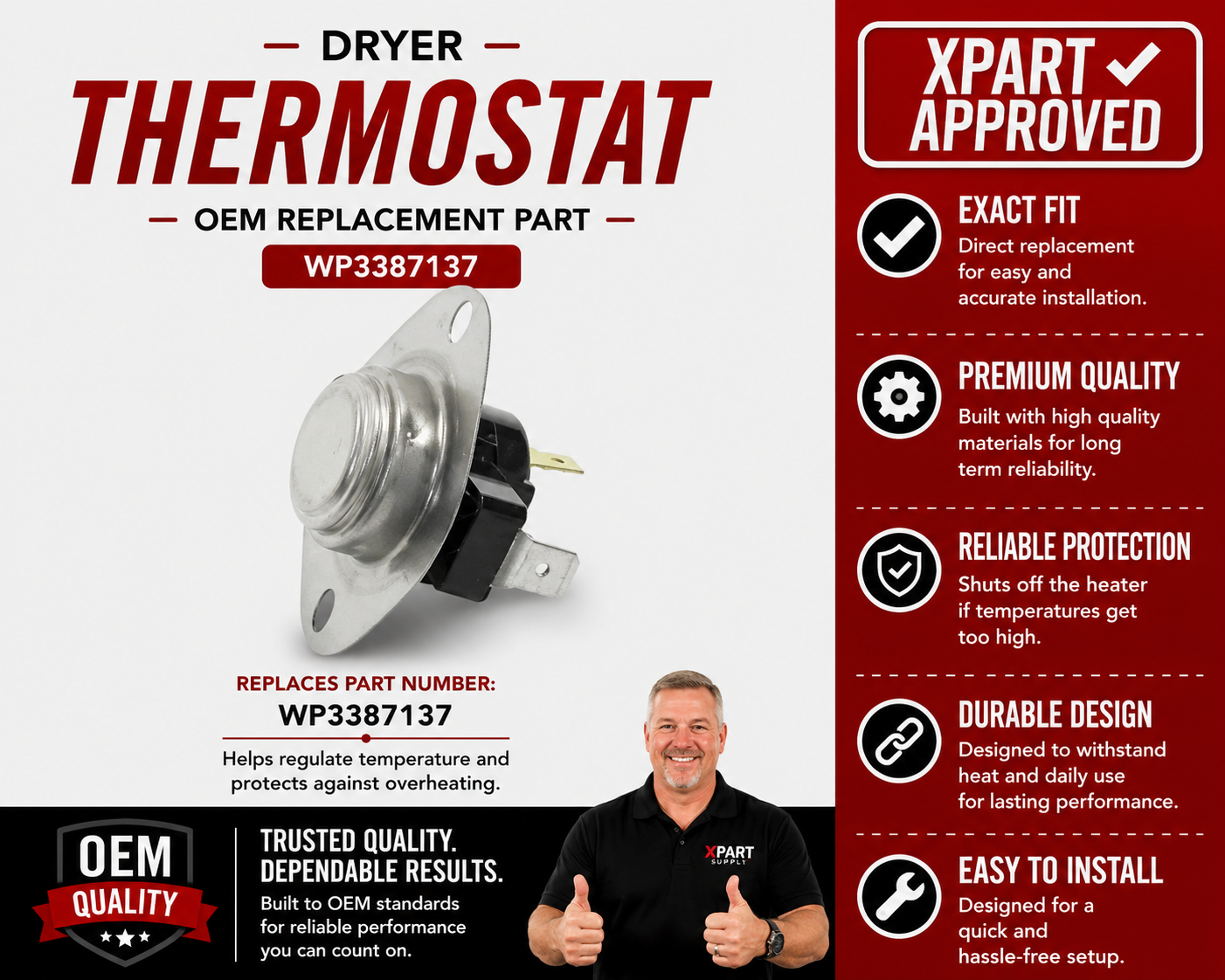Whirlpool Dryer Thermostat WP3387137 — Restore Accurate Heat Control