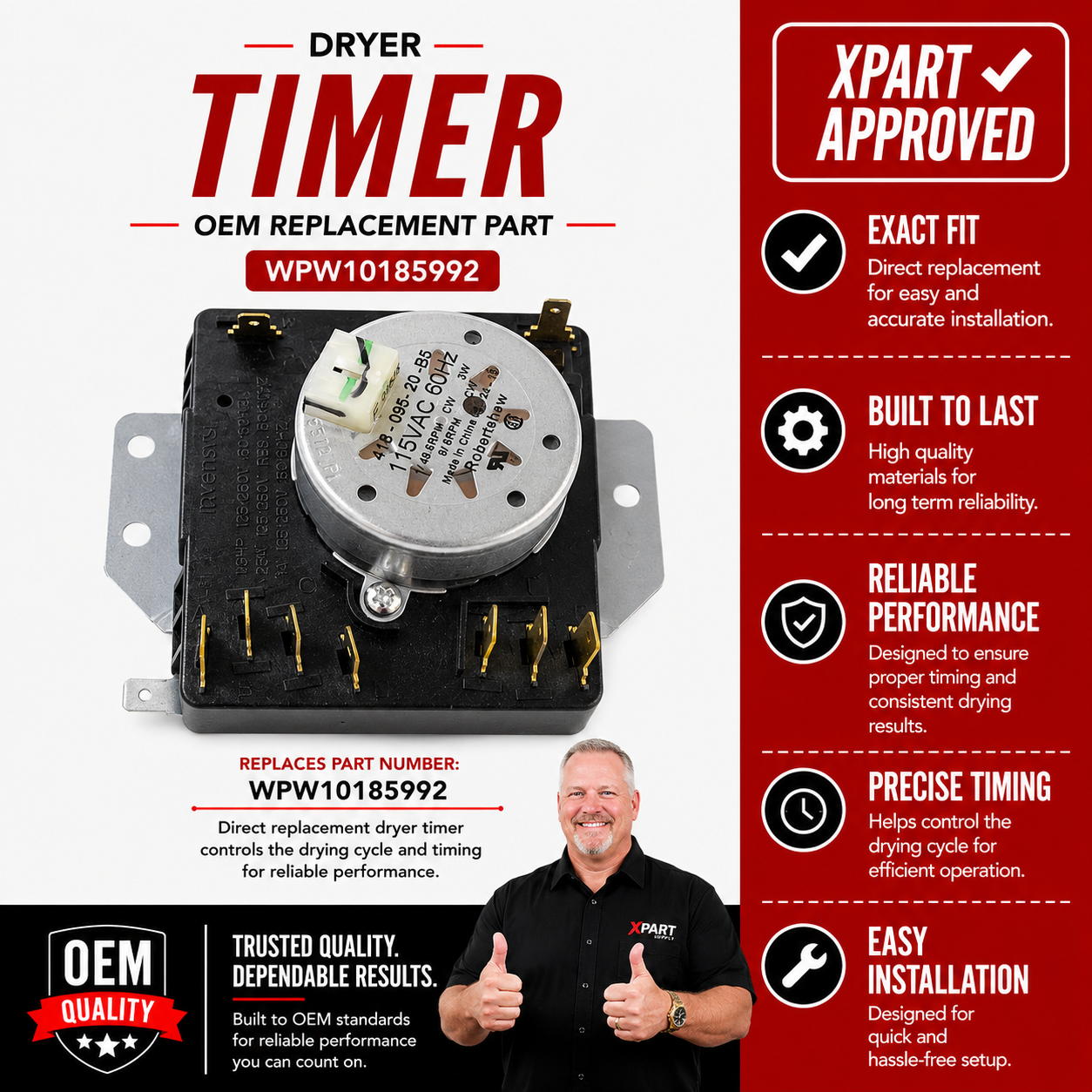 Whirlpool Dryer Timer WPW10185992 — Fix Dryer Won’t Start or Complete Cycles