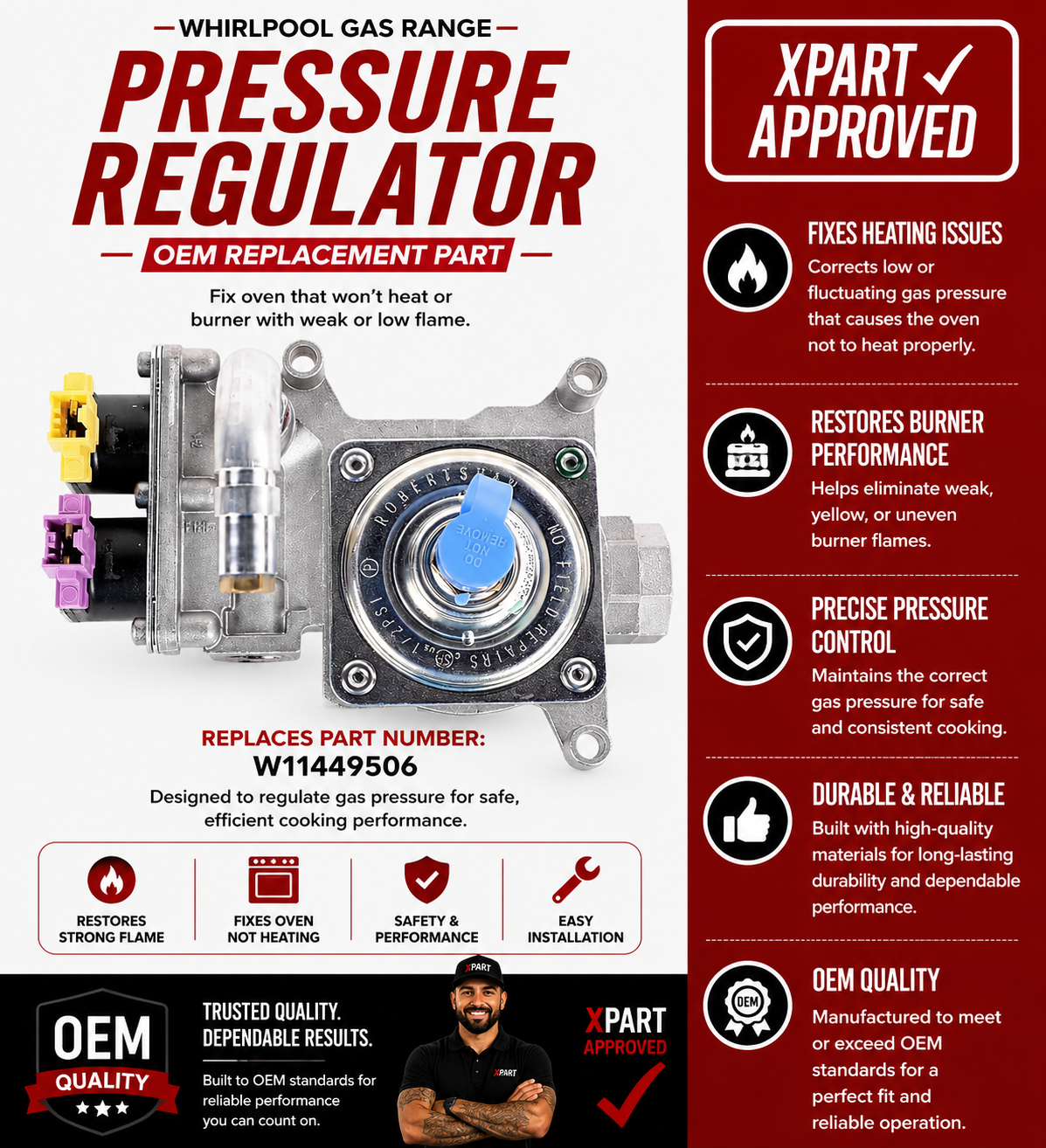 Pressure regulator with Xpart approval and Whirlpool branding on a white background