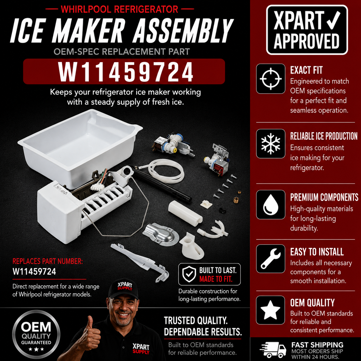 Whirlpool Ice maker W11762633, Replaces W11459724 Refrigerator Assembly Restore Production