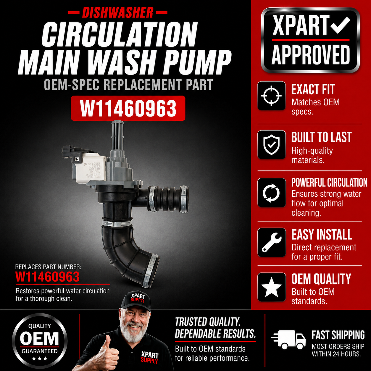 Whirlpool KitchenAid Dishwasher Circulation Pump W11460963 — Fixes Weak or No Spray / Restores Wash-Water Circulation