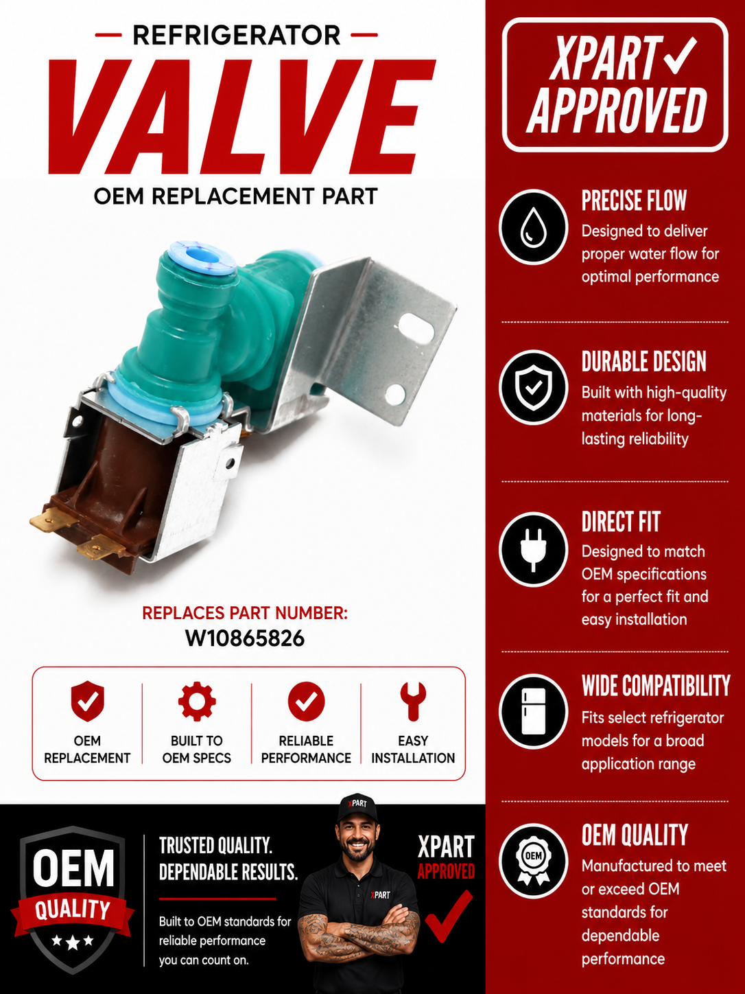 Refrigerator valve replacement part with Xpart approval on a red and white background