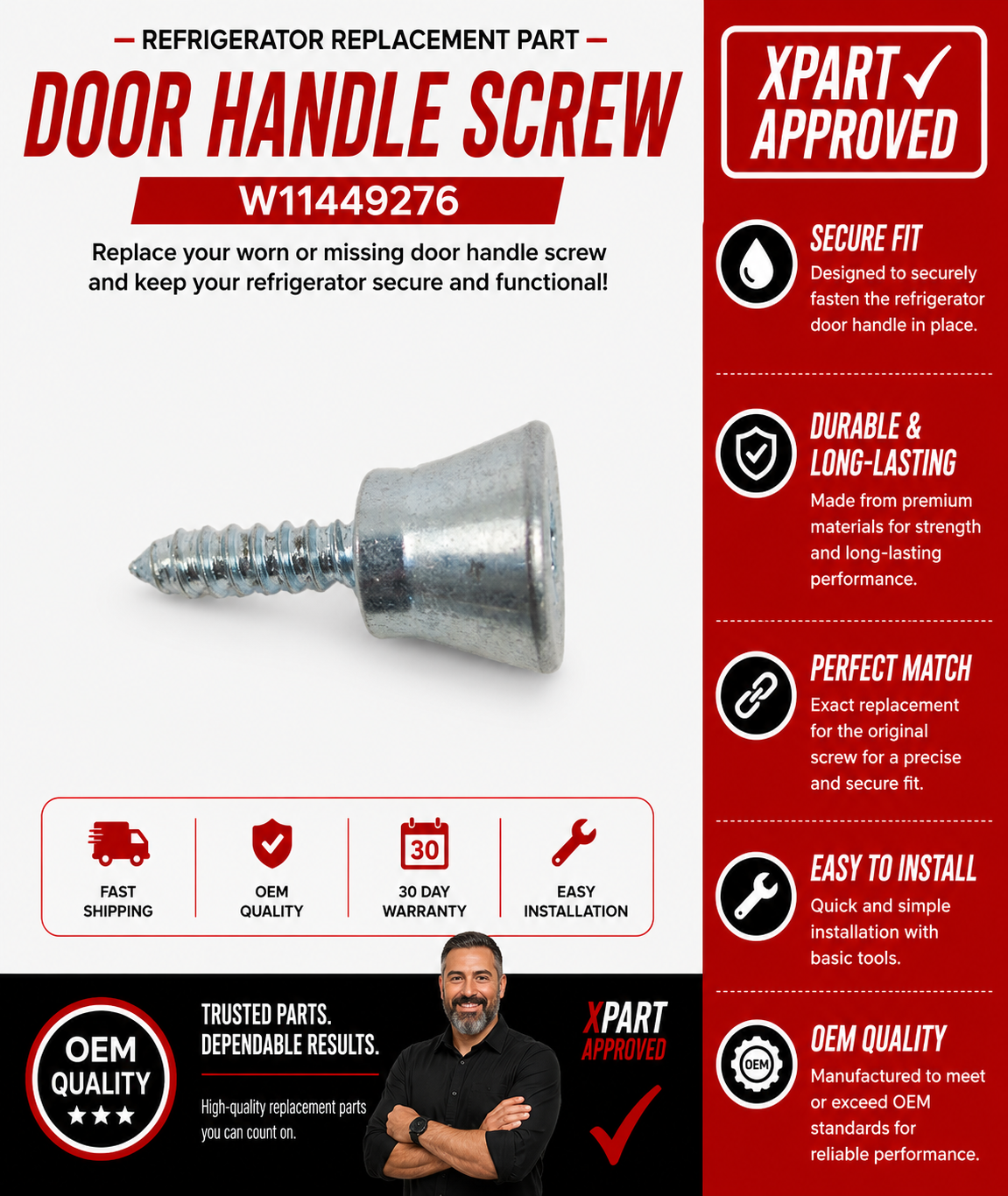 Whirlpool Refrigerator Door Handle Screw W11449276 — Fix Loose or Detached Handle
