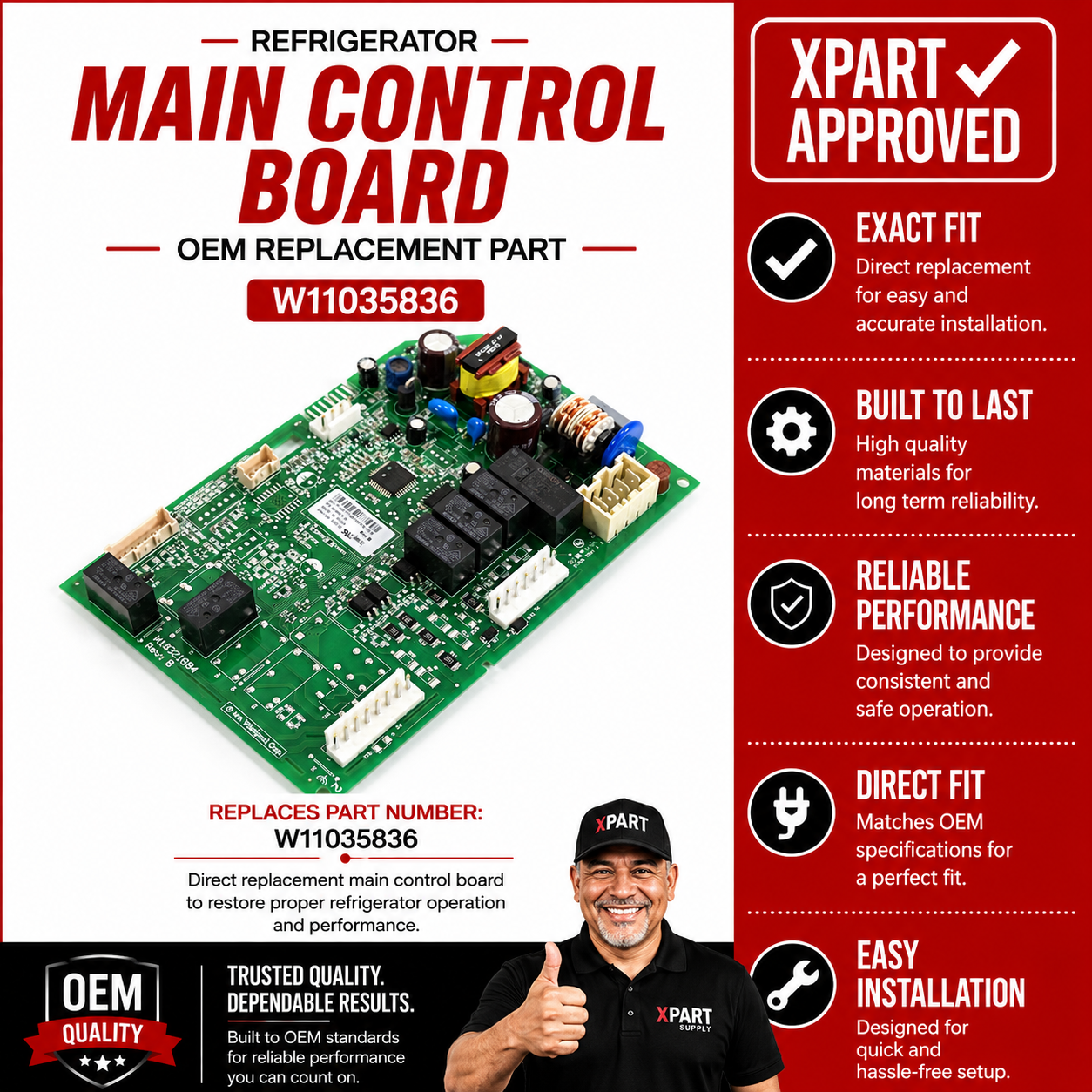 Whirlpool Main Control Board W11035836 — Fix Refrigerator Not Cooling or Starting
