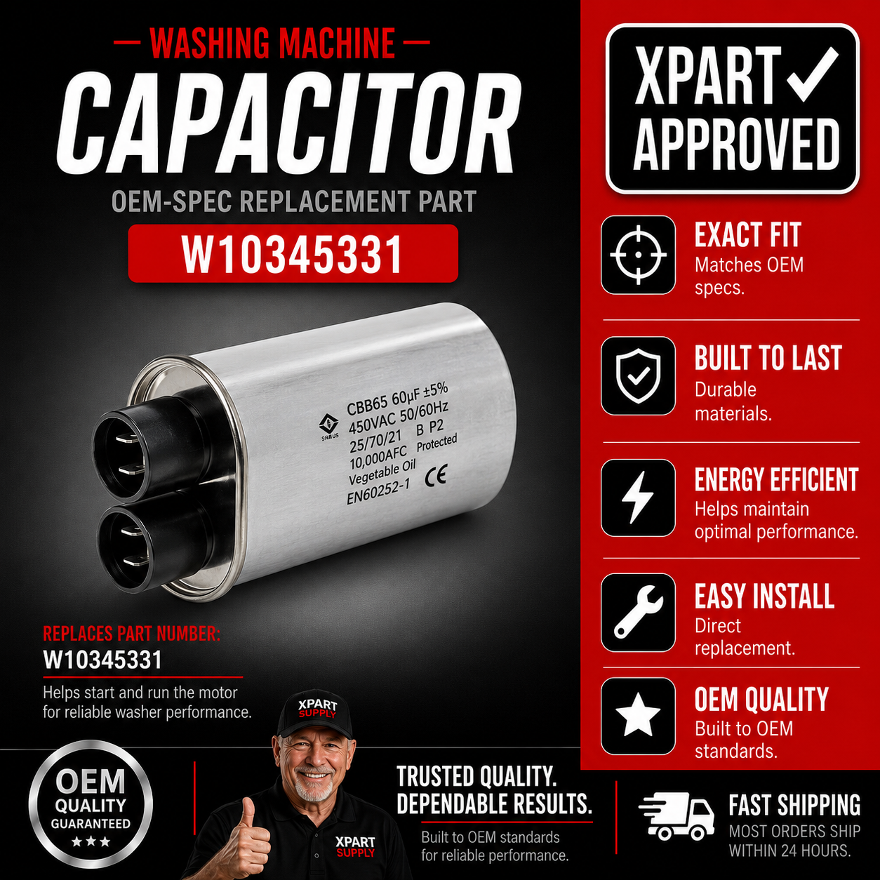 Whirlpool Microwave High-Voltage Capacitor W10345331 — Fixes Microwave Not Heating / Restores the High-Voltage Circuit