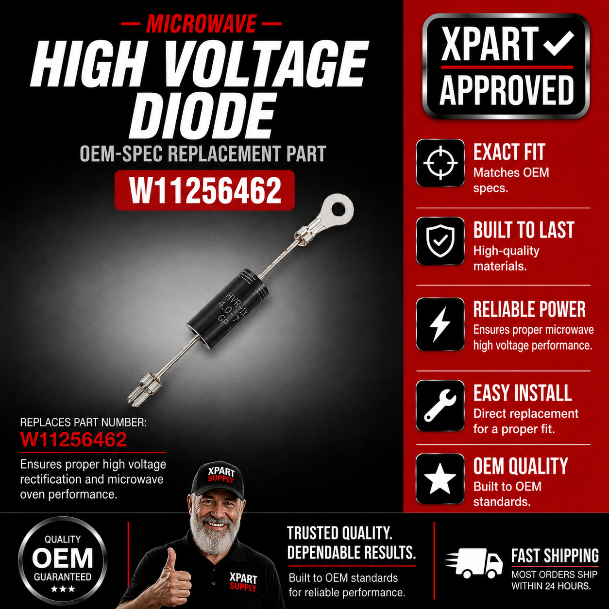 Whirlpool Microwave High-Voltage Diode W11256462 — Fixes Microwave Not Heating / Restores High-Voltage Rectification
