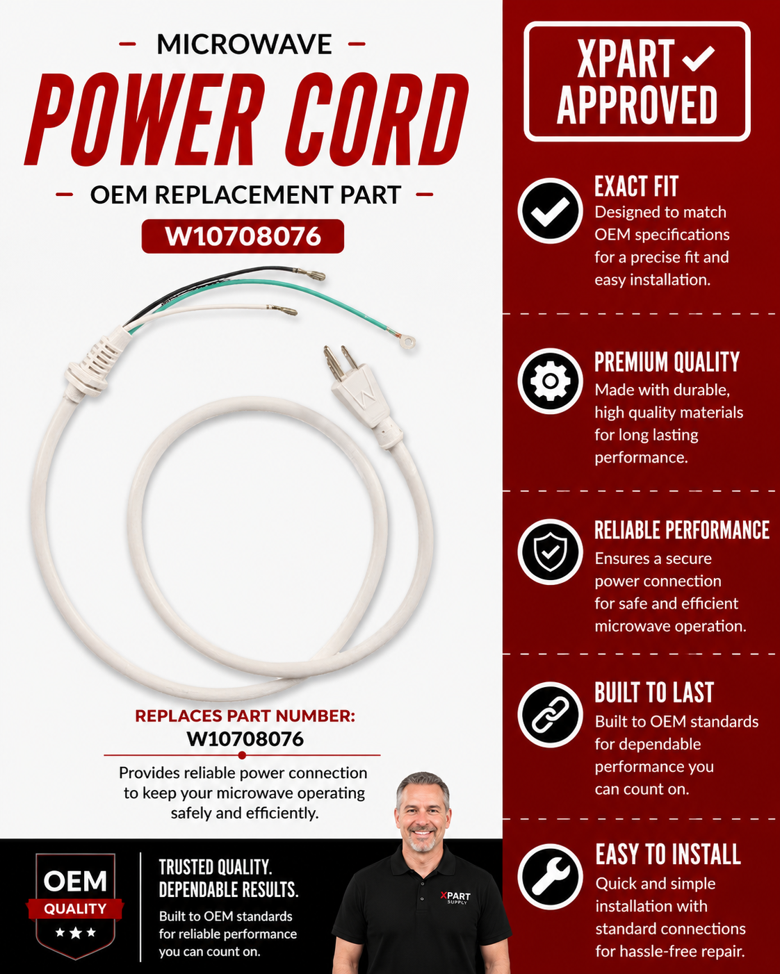 Whirlpool Microwave Power Cord W10708076 — Fix No Power & Dead Unit