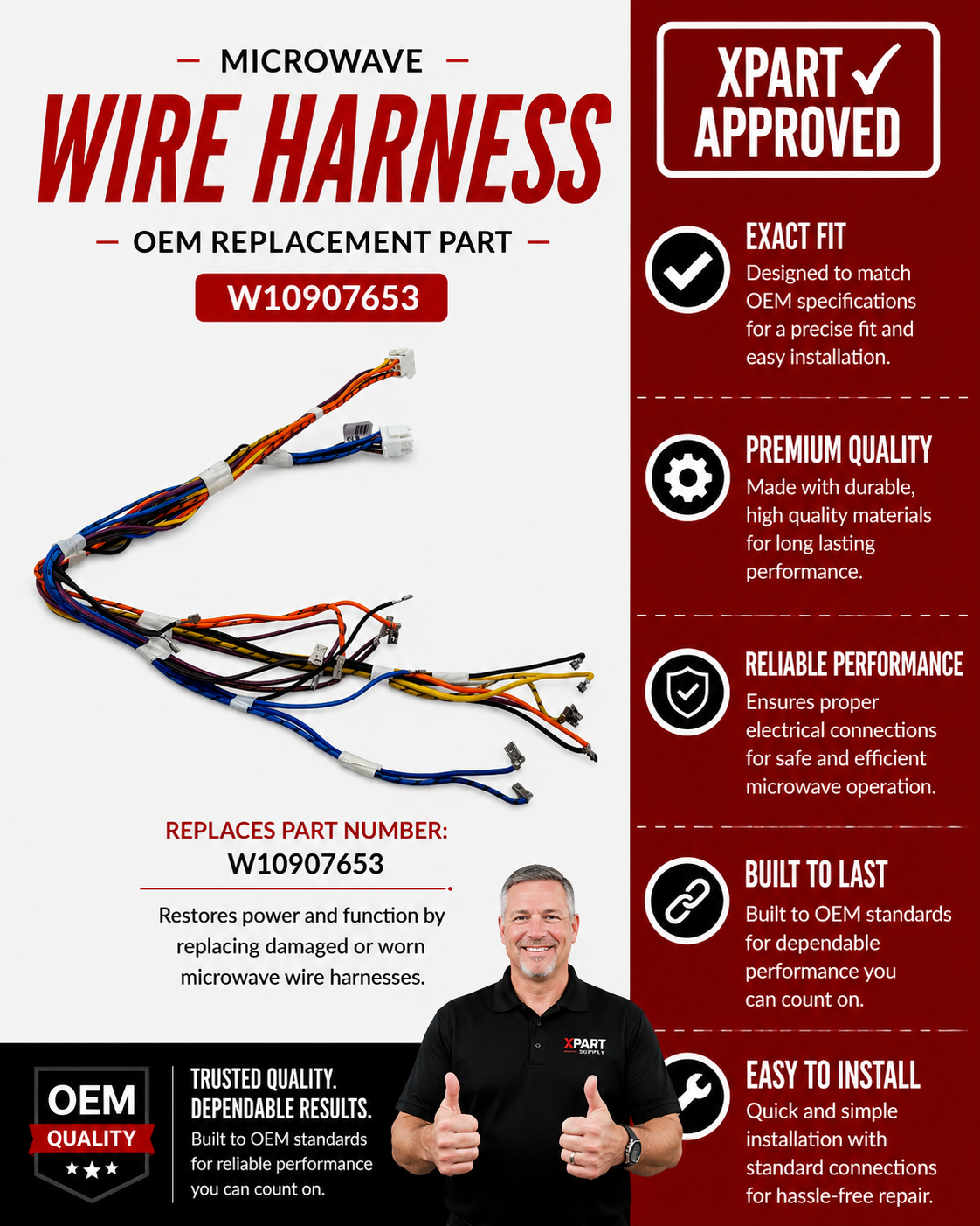 Whirlpool Microwave Wire Harness W10907653 — Fix Intermittent Power & Control Loss
