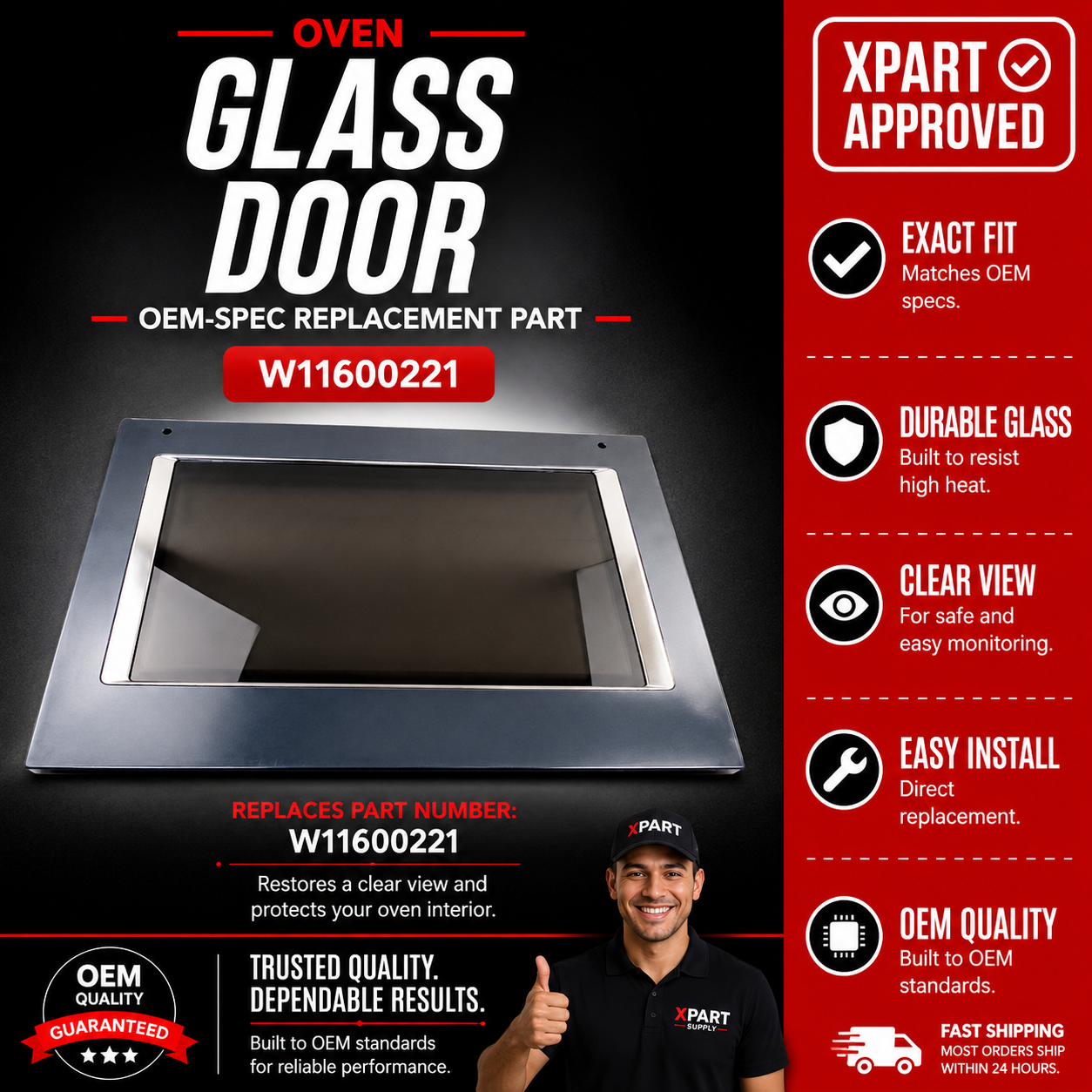 Whirlpool Oven Glass Door W11600221 — Fixes Cracked or Shattered Oven Door Glass