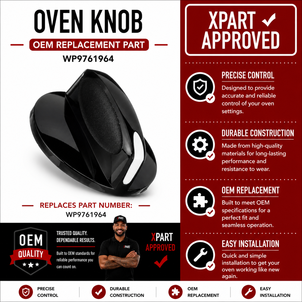 Whirlpool Oven Knob WP9761964 — Replace Cracked or Broken Range Control Knob