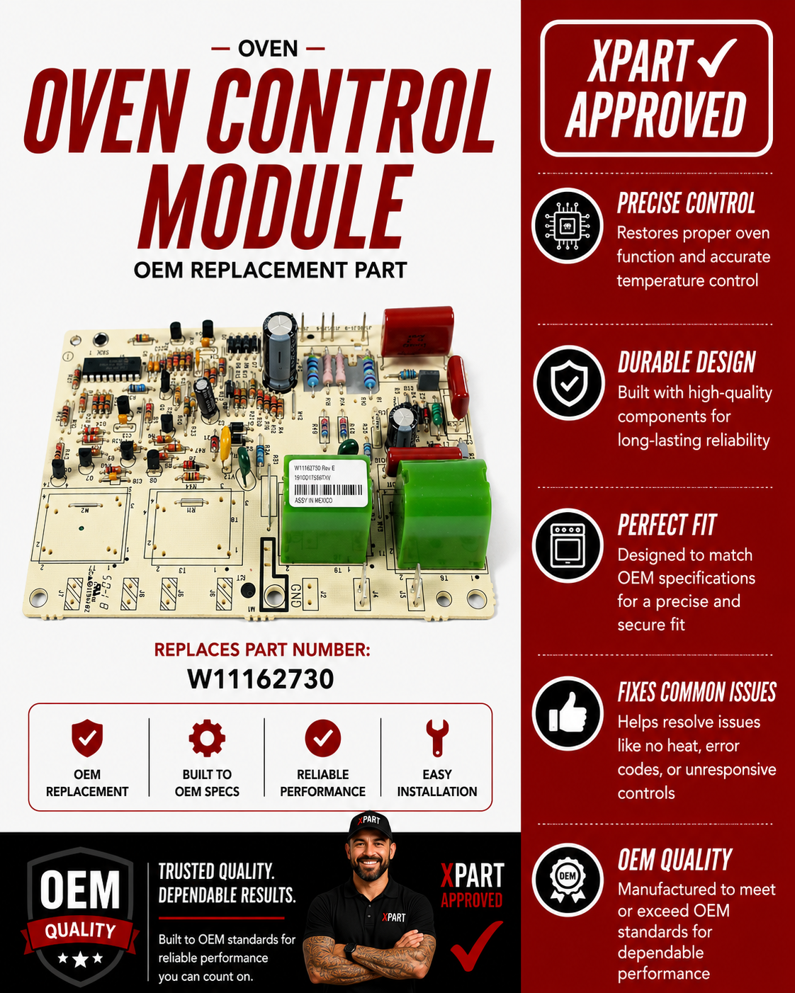 Whirlpool Oven Spark Module W11162730 – Fixes Gas Burners That Won't Ignite or Click (Ignition Control Board)