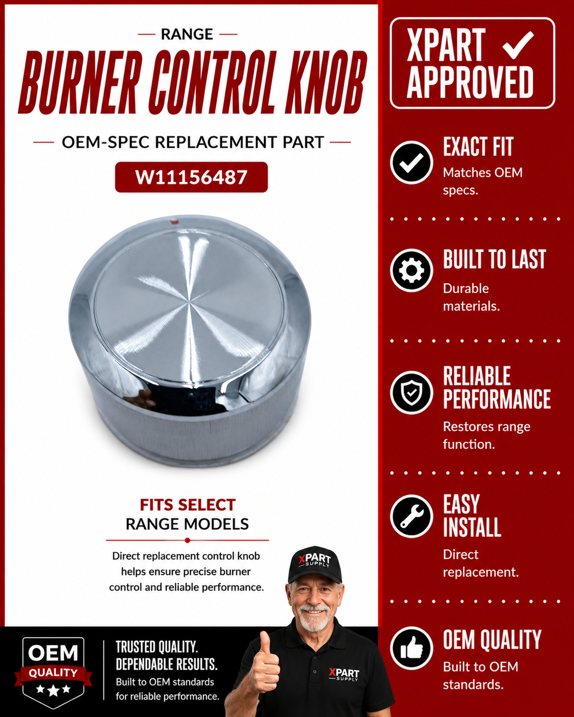 Whirlpool Range Burner Control Knob W11156487 — Fixes Broken, Loose or Stripped Knob