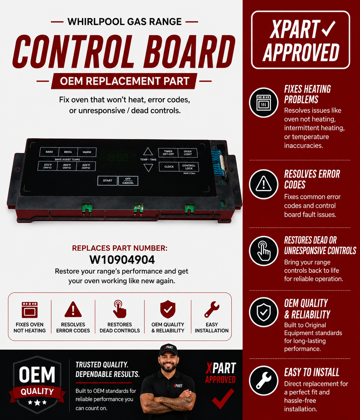 Whirlpool gas range control board replacement part with features and benefits on a red and white background.