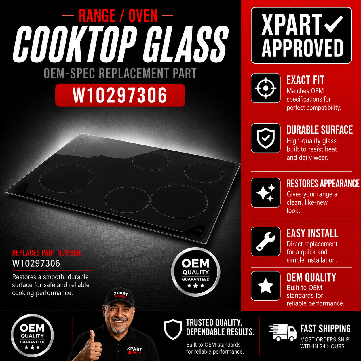 Whirlpool Range Cooktop Glass W10297306, Fixes Cracked or Shattered Ceramic Glass Surface