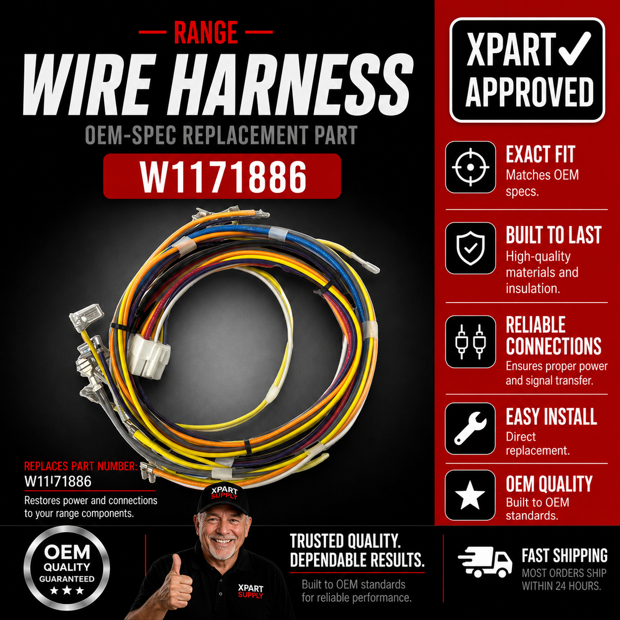 Whirlpool Range Cooktop Wire Harness W11171886, Fixes Intermittent or Dead Surface Elements
